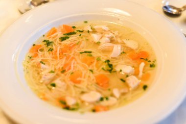 Beyaz tabakta erişteli tavuk çorbası.