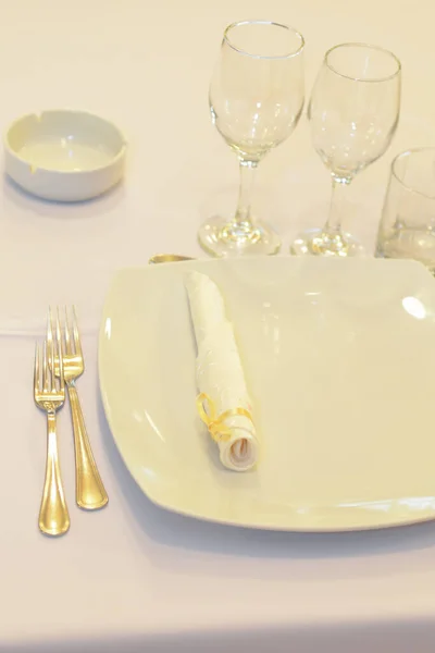 Restaurant Tafel Arrangementen Voor Bruiloft Receptie Gerold Menu Plaat — Stockfoto