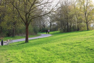 İnsanlar güzel Regensburg ilkbahar doğasında göl kenarındaki manzaralı kırsal bir yolda gezinir ve dinlenir.