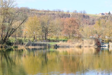 Regenburg, Almanya, 27 Mart 2022: İnsanlar güzel Regensburg ilkbahar doğasında göl kenarındaki manzaralı kırsal bir yolda yürüyüp dinleniyorlar