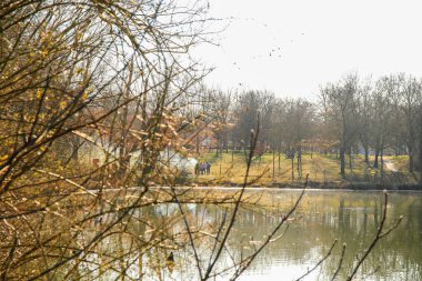 Regenburg, Almanya, 27 Mart 2022: İnsanlar güzel Regensburg ilkbahar doğasında göl kenarındaki manzaralı kırsal bir yolda yürüyüp dinleniyorlar