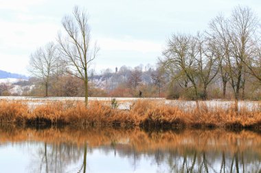 Regenburg, Almanya, 04 Aralık 2021: İnsanlar Tuna yakınlarındaki sakin göl kenarındaki karlı yolda yürüyor ve dinleniyorlar