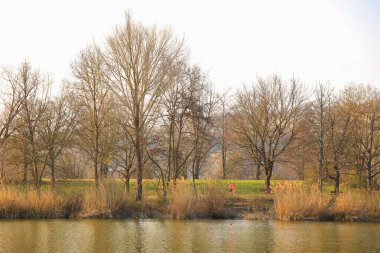 Regenburg, Almanya, 25 Mart 2022: İnsanlar güzel Regensburg ilkbahar doğasında göl kenarındaki manzaralı kırsal bir yolda yürüyüp dinleniyorlar