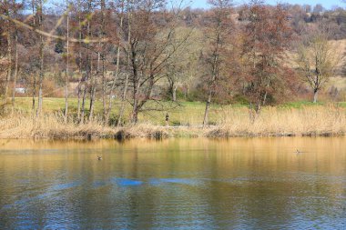 Regenburg, Almanya, 27 Mart 2022: İnsanlar güzel Regensburg ilkbahar doğasında göl kenarındaki manzaralı kırsal bir yolda yürüyüp dinleniyorlar