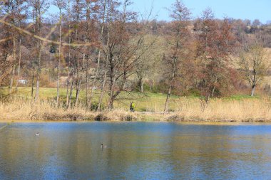 Regenburg, Almanya, 27 Mart 2022: İnsanlar güzel Regensburg ilkbahar doğasında göl kenarındaki manzaralı kırsal bir yolda yürüyüp dinleniyorlar