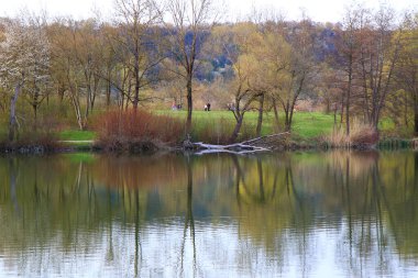 Regenburg, Almanya, 12 Nisan 2022: İnsanlar güzel Regensburg ilkbahar doğasında göl kenarındaki manzaralı kırsal bir yolda yürüyüp dinleniyorlar