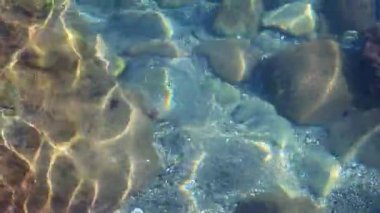 Turkuaz dalgalar, güneşli çakıl taşlarının üzerinden akıyor. Ayrıntılı kayalık deniz tabanlı temiz kıyı suları..