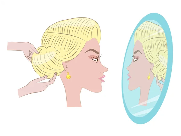 Beautiful blonde getting her hair in the Barber shop in front of the mirror — Stock Vector