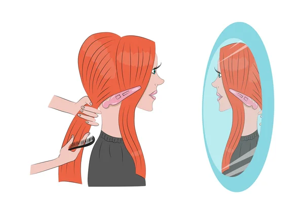 Krásná rusovlasá dívka dělá vlasy v holičství před zrcadlem — Stockový vektor