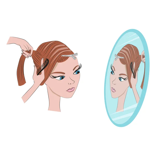 Beautiful blonde girl does her hair in the salon in front of the mirror — Stock Vector