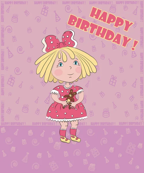 Little girl with with bear celebrates birthday — Stock Vector