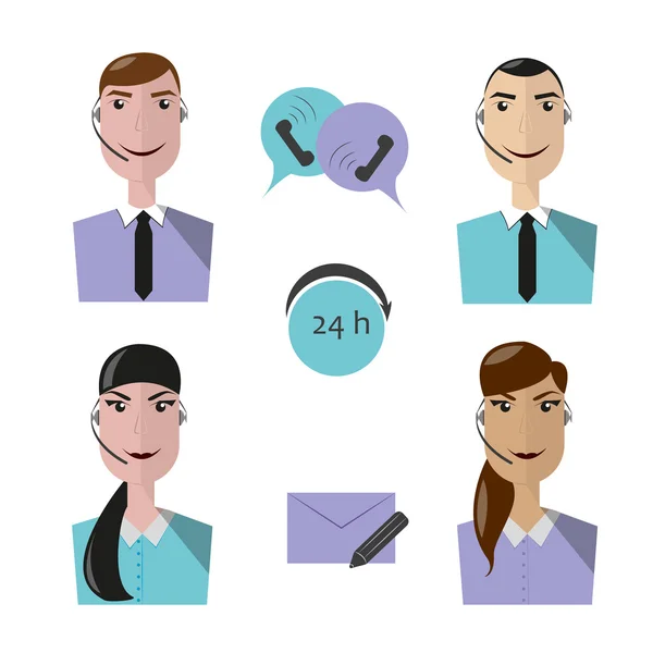 Call center operators, female and male avatar icons. Flat style — Stock Vector