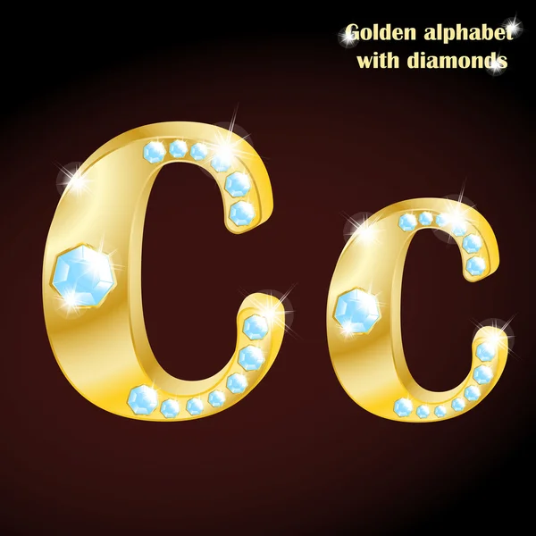 Golden alphabet with diamonds, uppercase and lowercase letter "C". — Stock Vector