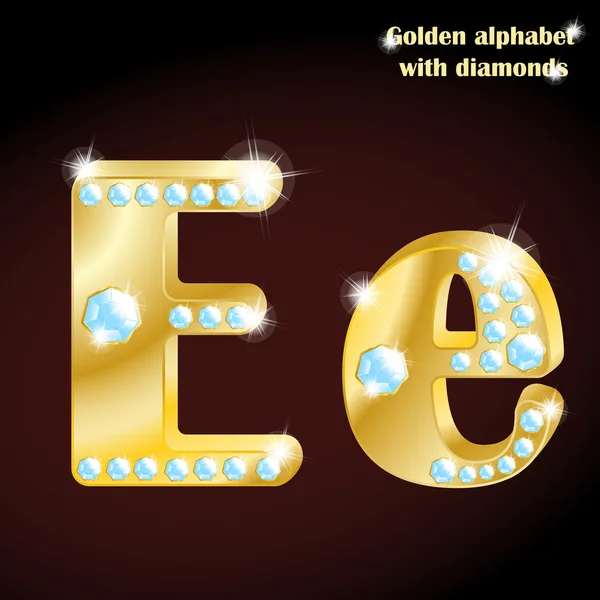 Golden alphabet with diamonds, uppercase and lowercase letter "E". — Stock Vector