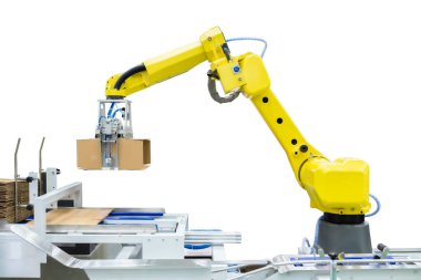 Üretim hattı imalat fabrikasında üretim, dağıtım, malzeme işleme ve ambalaj uygulamaları için endüstriyel robot kolu kontrolörü. (Kırpma yolu ile)