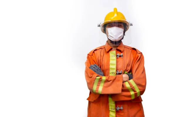 Firefighter Rescue Fireman Standing Portrait Wear Protective Mask Prevent Coronavirus — Stock Photo, Image