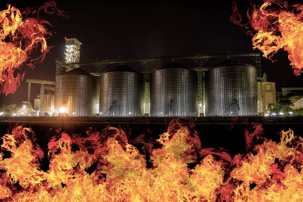 Agricultural Silos Burned Out Night Time — Stock Photo, Image