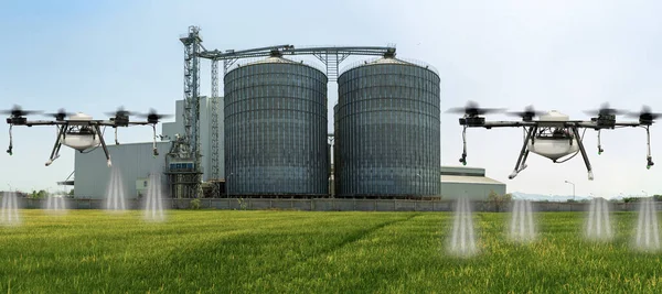 Agriculture Drone Flying Green Rice Fields Agricultural Silos Background — Stock Photo, Image