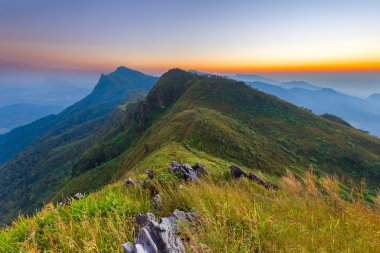 Günbatımında Doi Pha Tang, Chiang Rai, Tayland.