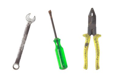 Beyaz arkaplanda izole edilmiş eski araçlar. Eski araç kümesi.