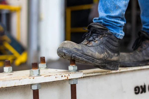 Wear Safety Shoes Ensure Safety Work Construction Workers Wear Safety — Stock Photo, Image