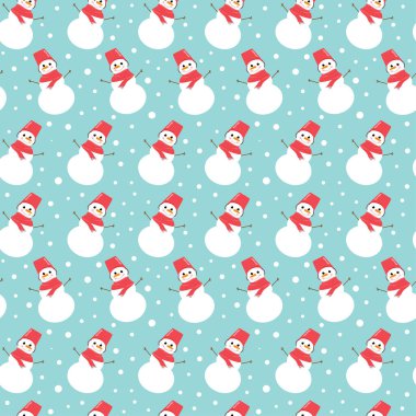 Mavi arka planda kar taneleri olan bir kardan adam. Kusursuz kumaş. Vektör illüstrasyonu.