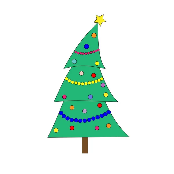 Grön Julgran Med Nyårsleksaker Och Krans Vektorillustration — Stock vektor