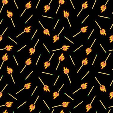 Siyah arka planda alevler olan kibritlerin kusursuz deseni.