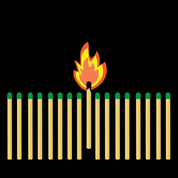 Una fila de cerillas con cabezas verdes, una cerilla ardiendo con una llama sobre un fondo negro. — Archivo Imágenes Vectoriales