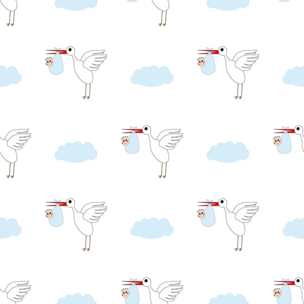 Fondo Los Niños Cigüeña Con Bebé Las Nubes Plantilla Ilustración — Vector de stock