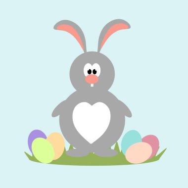 Çimlerin üzerinde renkli yumurtaları olan 2 Paskalya tavşanı. Paskalya tatili. Vektör çizimi. Kartpostal.