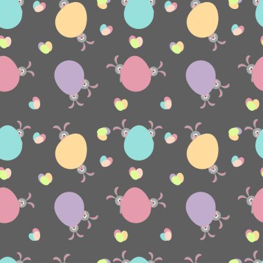 Renkli Paskalya yumurtaları ve gri arka planda sevimli tavşanlarla kusursuz bir illüstrasyon. Paskalya. Vektör. Arkaplan.