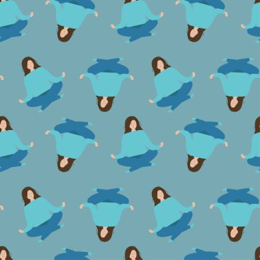 Lotus pozisyonundaki kız meditasyon yapıyor. Kusursuz mavi arkaplan. Vektör çizimi. Spor. Yoga.