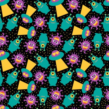 Siyah, pürüzsüz bir arka planda uçan dairesi olan komik uzaylılar. Vektör çizimi. UFO.