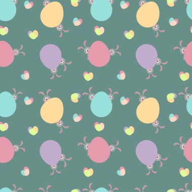 Renkli Paskalya yumurtaları ve yeşil arka planda sevimli tavşanlarla kusursuz bir illüstrasyon. Paskalya. Vektör. Arkaplan.