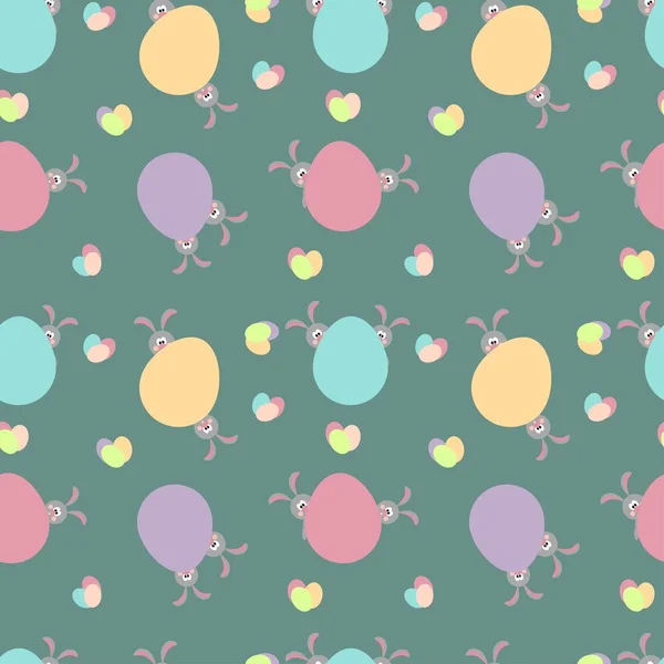 Безшовна Ілюстрація Кольоровими Великодніми Яйцями Милими Кроликами Зеленому Тлі Великдень — стоковий вектор
