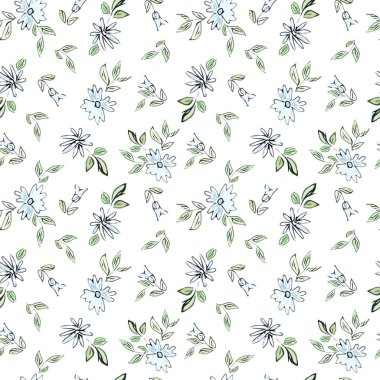 Beyaz arka planda yaprakları olan mavi çiçekleri resmetmek. Kusursuz çiçek çizimi.