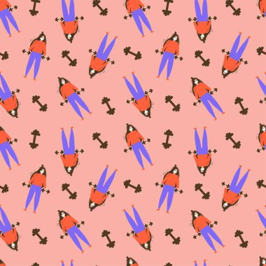 Kırmızı arka planda dambılı bir kız. Kusursuz bir geçmişi var. Vektör çizimi. Spor..