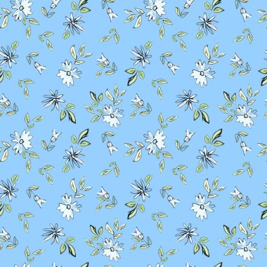 Mavi arka planda yaprakları olan mavi çiçekleri resmetmek. Kusursuz çiçek çizimi.