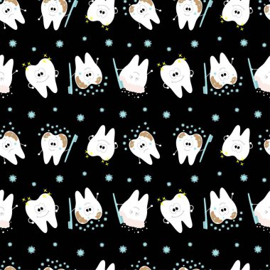 Toprak ve mikroplardan nasıl kurtulacağını gösteren dişler. Diş temizliği. Geçmişi. Siyah bir arkaplanda kusursuz vektör çizimi.