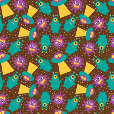 Koyu kahverengi, pürüzsüz arka planda uçan dairesi olan komik uzaylılar. Vektör çizimi. UFO.