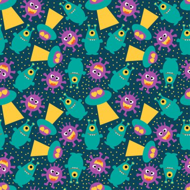 Mavi pürüzsüz arka planda uçan dairesi olan komik uzaylılar. Vektör çizimi. UFO.