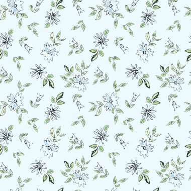 Açık mavi arkaplanda yaprakları olan mavi çiçekleri resmetmek. Kusursuz çiçek çizimi.