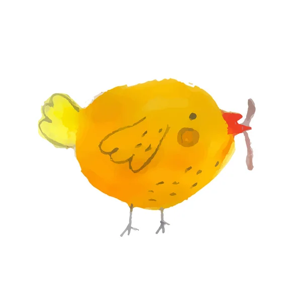 Śmieszny Żółty Kurczak Robakiem Dziobie Ilustracja Wektora Akwareli Wielkanoc Izolacja — Wektor stockowy