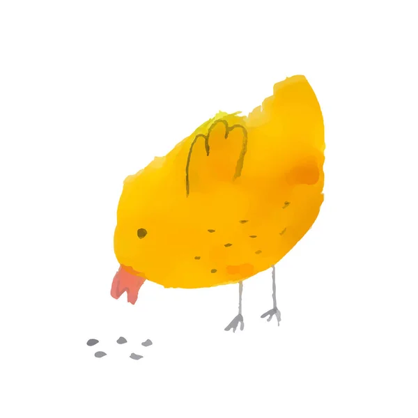 Lindo Pollo Amarillo Picotea Granos Sobre Fondo Blanco Ilustración Vectorial — Archivo Imágenes Vectoriales