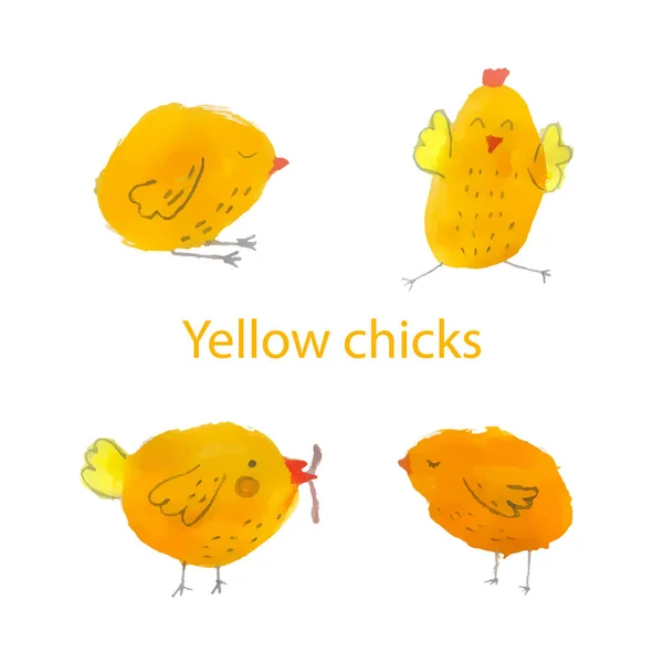 Ensemble Quatre Poulets Aquarelle Jaune Mignon Illustration Vectorielle Ensemble — Image vectorielle