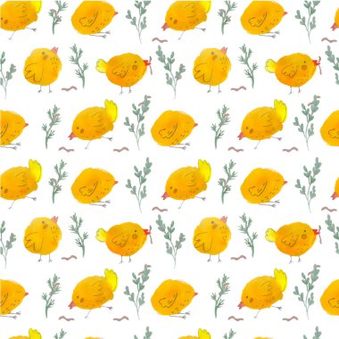 Tavuklar, yeşil dallar ve solucanlarla kusursuz çizimler. Suluboya vektör çizimi. Paskalya. Arkaplan.