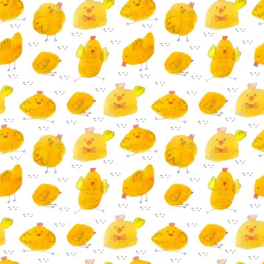 Beyaz arka planda tahıllı tavuklar, kusursuz çizimler. Suluboya vektör çizimi. Paskalya. Arkaplan.