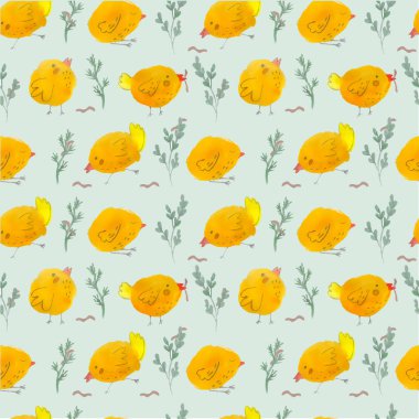 Yeşil arka planda yeşil dalları olan tavukların kusursuz çizimi. Suluboya vektör çizimi. Paskalya. Arkaplan.