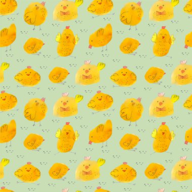 Yeşil arka planda tohumları olan tavuklar, kusursuz çizimler. Suluboya vektör çizimi. Paskalya. Arkaplan.